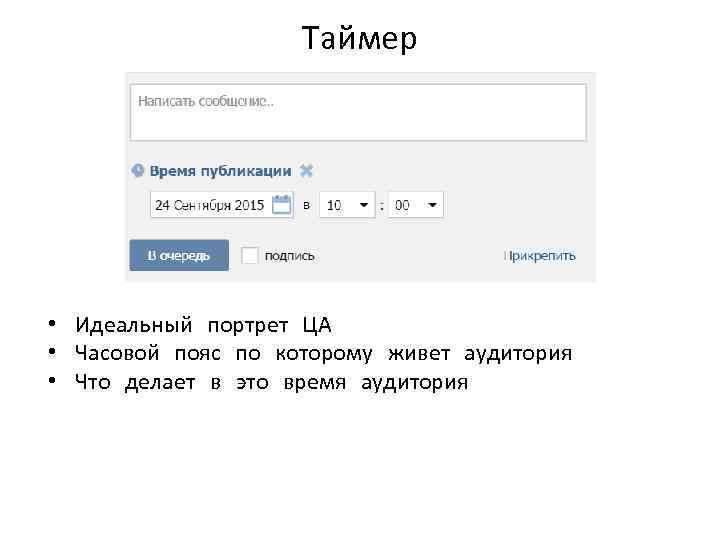 Таймер • Идеальный портрет ЦА • Часовой пояс по которому живет аудитория • Что