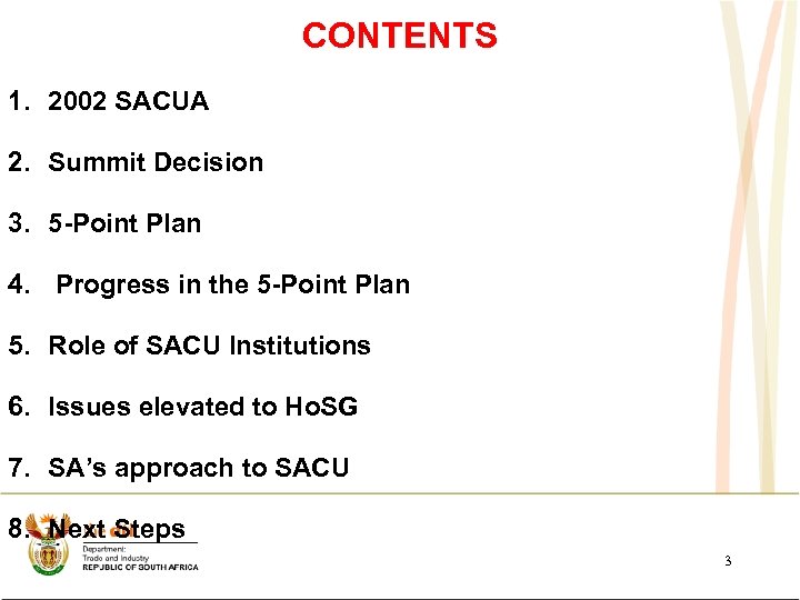 CONTENTS 1. 2002 SACUA 2. Summit Decision 3. 5 -Point Plan 4. Progress in