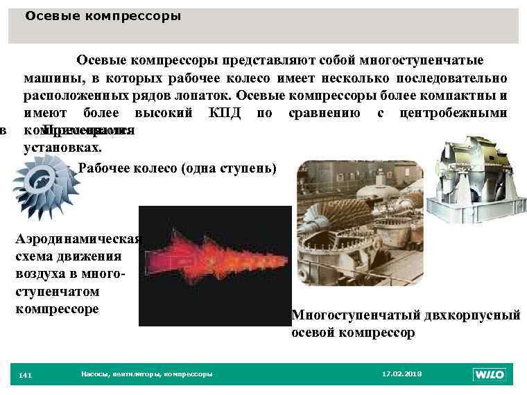 Осевые компрессоры 141 Осевые компрессоры представляют собой многоступенчатые машины, в которых рабочее колесо имеет