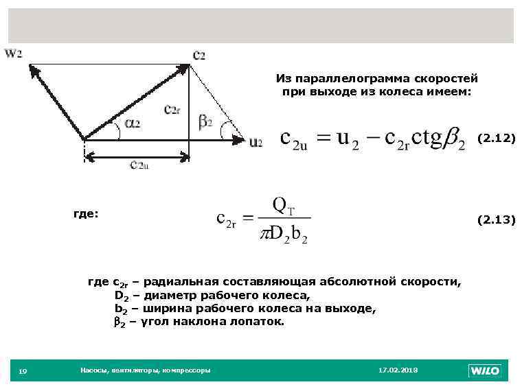 19 Из параллелограмма скоростей при выходе из колеса имеем: (2. 12) где: (2. 13)