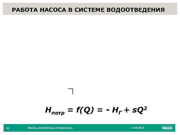 РАБОТА НАСОСА В СИСТЕМЕ ВОДООТВЕДЕНИЯ 45 Hпотр = f(Q) = - НГ + s.