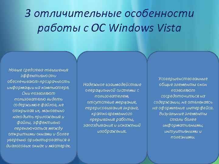 3 отличительные особенности работы с ОС Windows Vista Новые средства повышения эффективности обеспечивают прозрачность