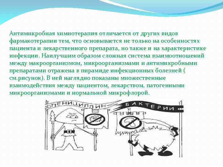 Антимикробная химиотерапия отличается от других видов фармакотерапии тем, что основывается не только на особенностях