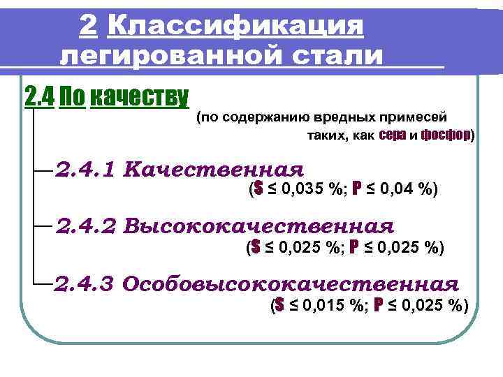 2 Классификация легированной стали 2. 4 По качеству (по содержанию вредных примесей таких, как