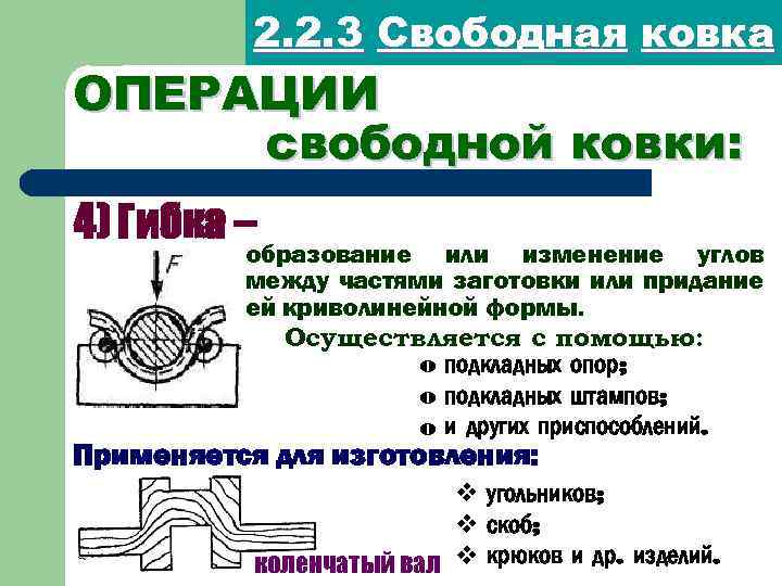 2. 2. 3 Свободная ковка ОПЕРАЦИИ свободной ковки: 4) Гибка – образование или изменение