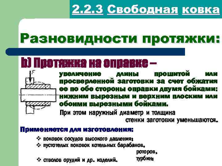 2. 2. 3 Свободная ковка Разновидности протяжки: b) Протяжка на оправке – увеличение длины