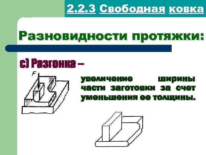 2. 2. 3 Свободная ковка Разновидности протяжки: c) Разгонка – увеличение ширины части заготовки