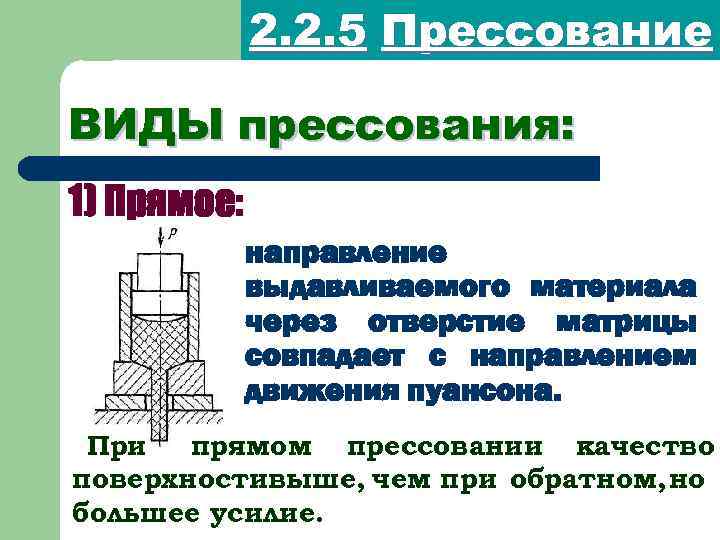 2. 2. 5 Прессование ВИДЫ прессования: 1) Прямое: направление выдавливаемого материала через отверстие матрицы