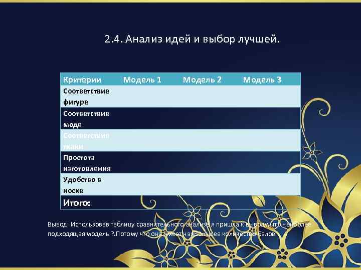 2. 4. Анализ идей и выбор лучшей. Критерии Модель 1 Модель 2 Модель 3