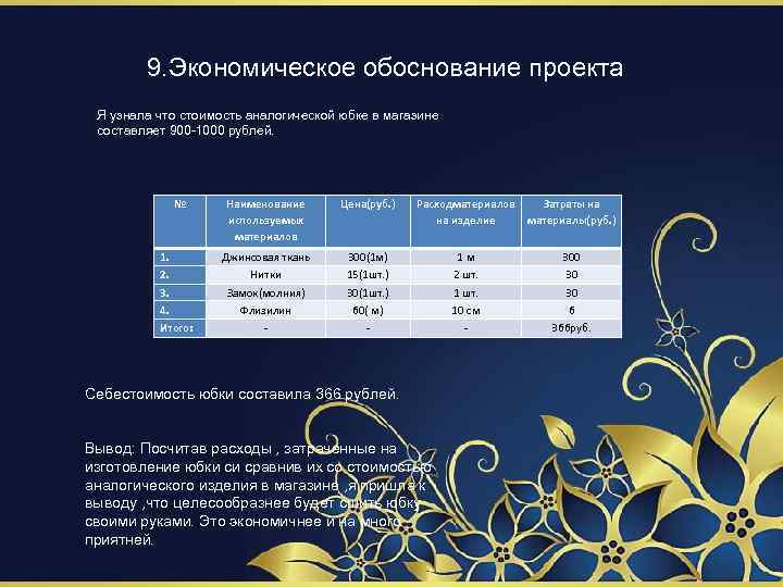 9. Экономическое обоснование проекта Я узнала что стоимость аналогической юбке в магазине составляет 900