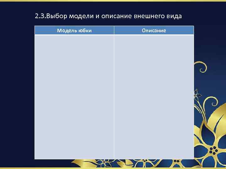 2. 3. Выбор модели и описание внешнего вида Модель юбки Описание 