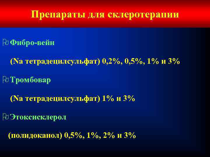 Препараты для склеротерапии O Фибро-вейн (Na тетрадецилсульфат) 0, 2%, 0, 5%, 1% и 3%