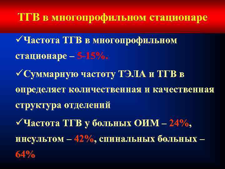 ТГВ в многопрофильном стационаре üЧастота ТГВ в многопрофильном стационаре – 5 -15%. üСуммарную частоту