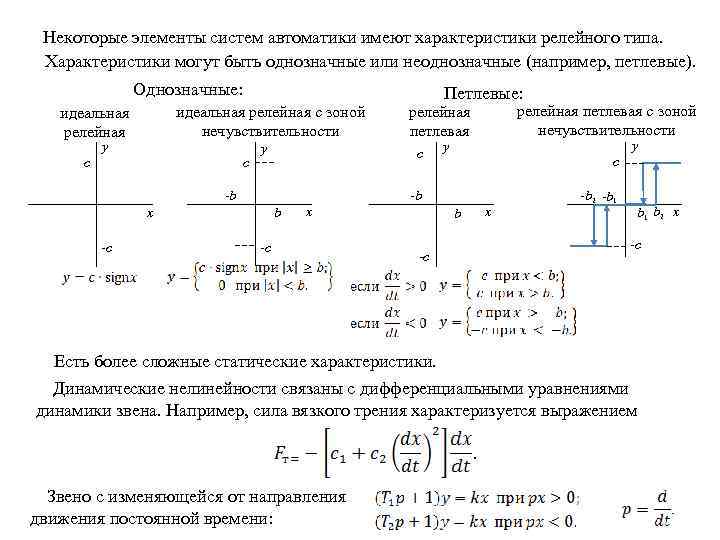 Некоторые элементы систем автоматики имеют характеристики релейного типа. Характеристики могут быть однозначные или неоднозначные