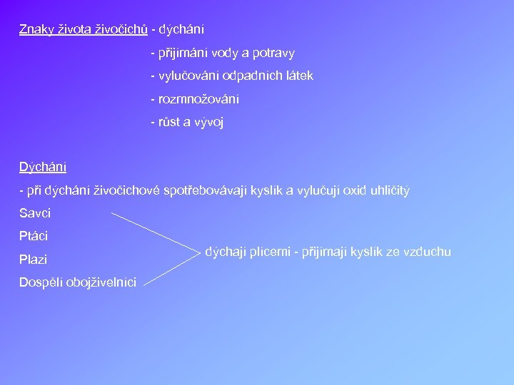 Znaky života živočichů - dýchání - přijímání vody a potravy - vylučování odpadních látek