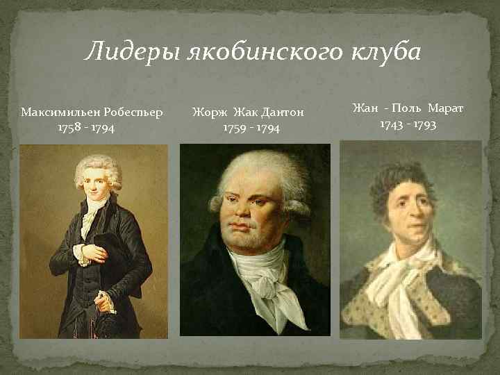 Лидеры якобинского клуба Максимильен Робеспьер 1758 - 1794 Жорж Жак Дантон 1759 - 1794