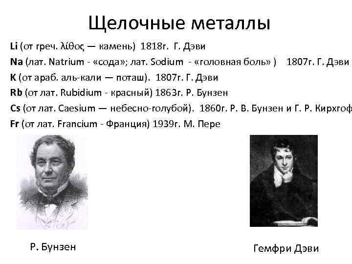 Щелочные металлы Li (от греч. λίθος — камень) 1818 г. Г. Дэви Na (лат.