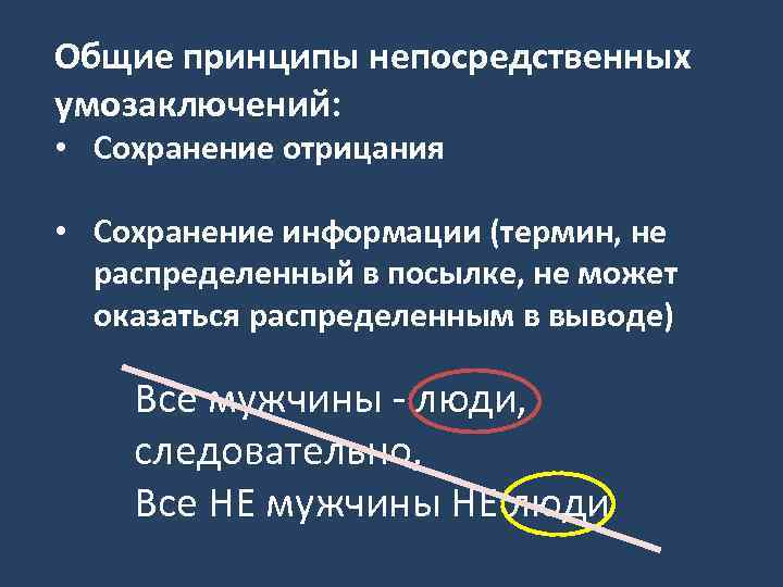 Общие принципы непосредственных умозаключений: • Сохранение отрицания • Сохранение информации (термин, не распределенный в