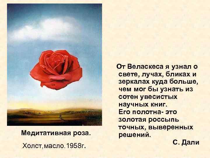Медитативная роза. Холст, масло. 1958 г. От Веласкеса я узнал о свете, лучах, бликах