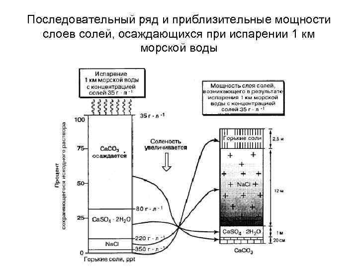 Последовательный ряд и приблизительные мощности слоев солей, осаждающихся при испарении 1 км морской воды