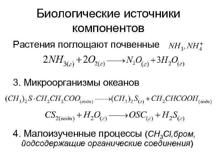 Биологические источники компонентов Растения поглощают почвенные 3. Микроорганизмы океанов 4. Малоизученные процессы (CH 3