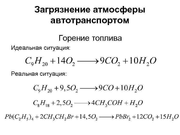 Загрязнение атмосферы автотранспортом Горение топлива Идеальная ситуация: Реальная ситуация: 