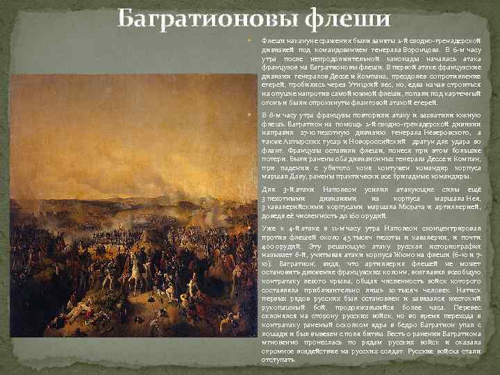 Багратионовы флеши Флеши накануне сражения были заняты 2 -й сводно-гренадерской дивизией под командованием генерала