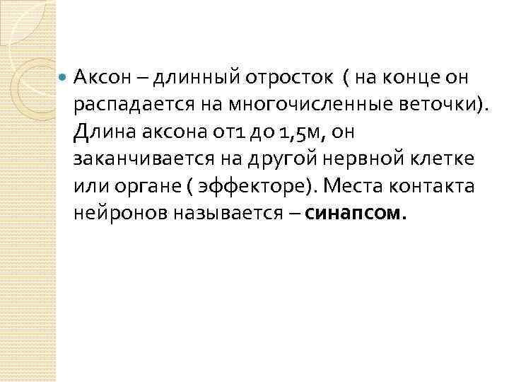  Аксон – длинный отросток ( на конце он распадается на многочисленные веточки). Длина