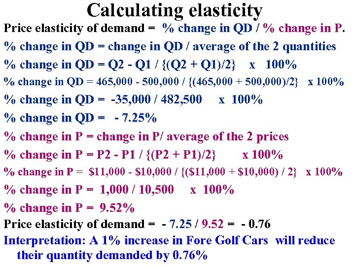 Calculating elasticity Price elasticity of demand = % change in QD / % change