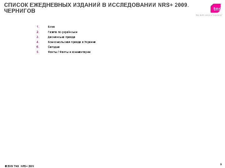 СПИСОК ЕЖЕДНЕВНЫХ ИЗДАНИЙ В ИССЛЕДОВАНИИ NRS+ 2009. ЧЕРНИГОВ 1. 2. Газета по-українськи 3. Деснянська