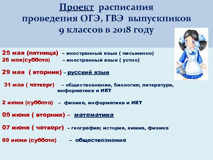 Проект расписания проведения ОГЭ, ГВЭ выпускников 9 классов в 2018 году 25 мая (пятница)