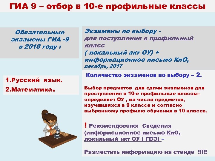 ГИА 9 – отбор в 10 -е профильные классы Обязательные экзамены ГИА -9 в