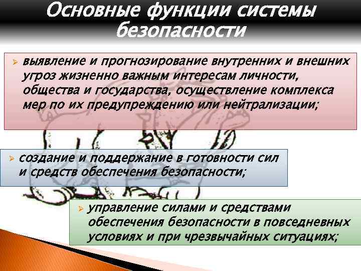 Основные функции системы безопасности Ø Ø выявление и прогнозирование внутренних и внешних угроз жизненно