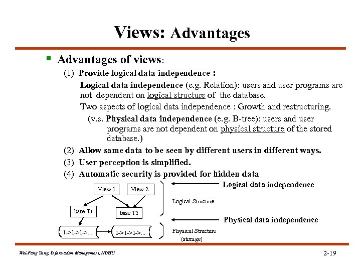 Views: Advantages § Advantages of views: (1) Provide logical data independence : Logical data