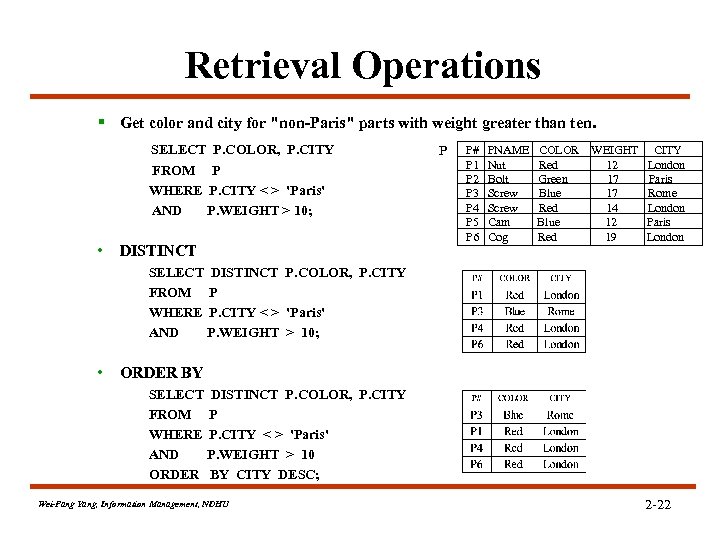 Retrieval Operations § Get color and city for "non-Paris" parts with weight greater than