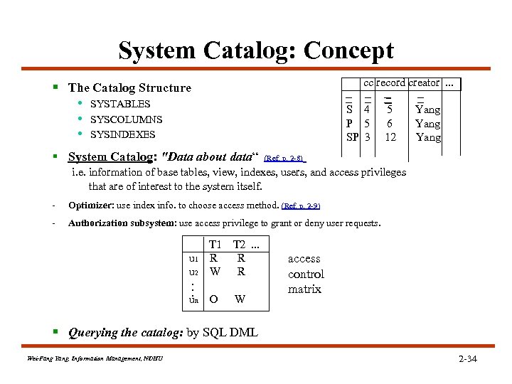 System Catalog: Concept cc record creator. . . § The Catalog Structure • SYSTABLES