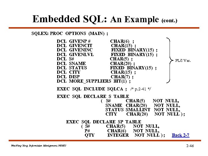 Embedded SQL: An Example (cont. ) SQLEX: PROC OPTIONS (MAIN) ; DCL DCL DCL
