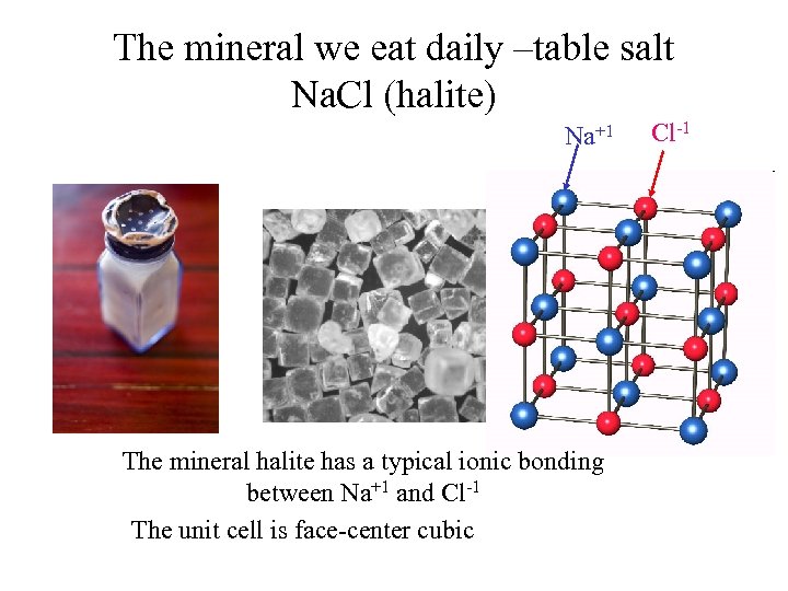 The mineral we eat daily –table salt Na. Cl (halite) Na+1 The mineral halite