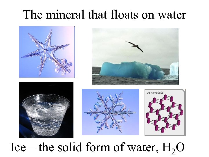 The mineral that floats on water Ice – the solid form of water, H
