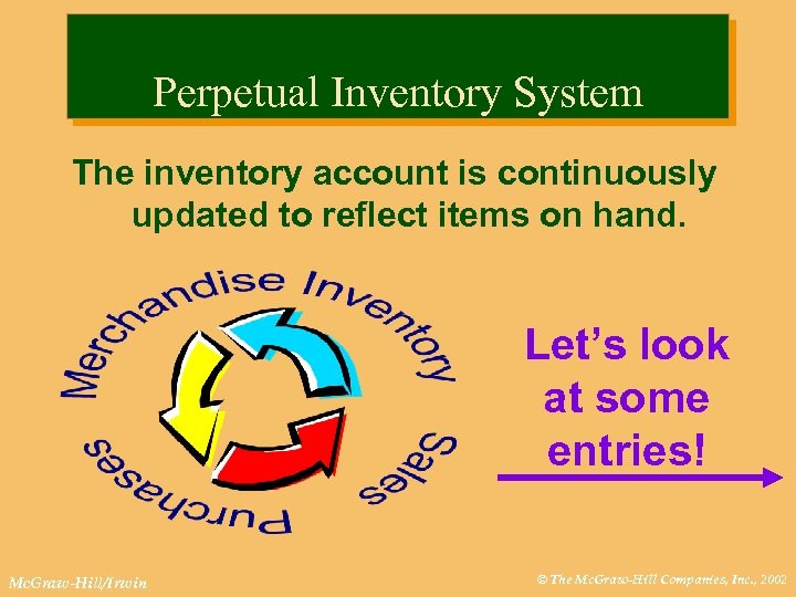 Perpetual Inventory System The inventory account is continuously updated to reflect items on hand.