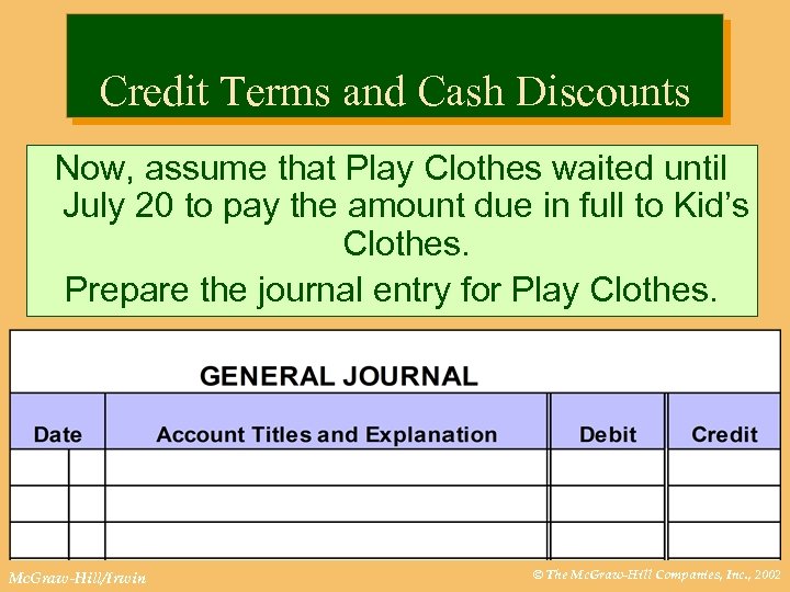 Credit Terms and Cash Discounts Now, assume that Play Clothes waited until July 20