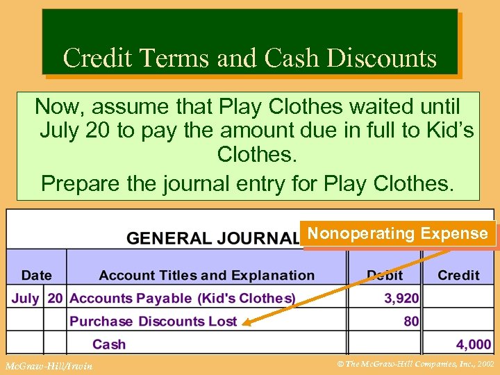 Credit Terms and Cash Discounts Now, assume that Play Clothes waited until July 20