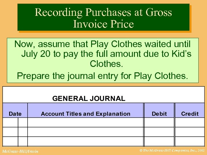 Recording Purchases at Gross Invoice Price Now, assume that Play Clothes waited until July
