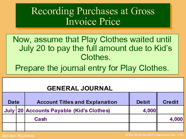 Recording Purchases at Gross Invoice Price Now, assume that Play Clothes waited until July