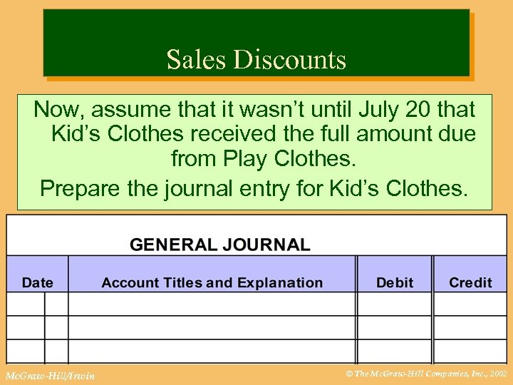 Sales Discounts Now, assume that it wasn’t until July 20 that Kid’s Clothes received