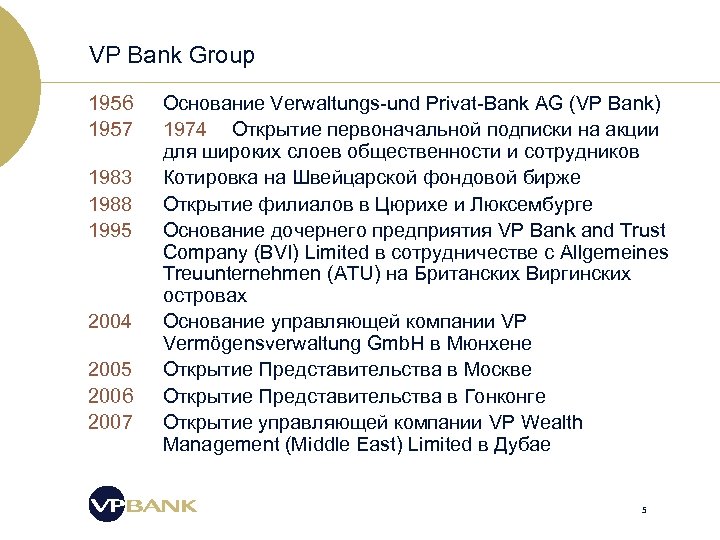 VP Bank Group 1956 1957 1983 1988 1995 2004 2005 2006 2007 Основание Verwaltungs-und