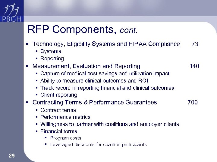 RFP Components, cont. § Technology, Eligibility Systems and HIPAA Compliance 73 § Systems §