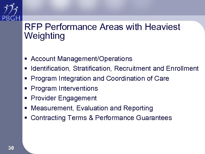 RFP Performance Areas with Heaviest Weighting § § § § 30 Account Management/Operations Identification,