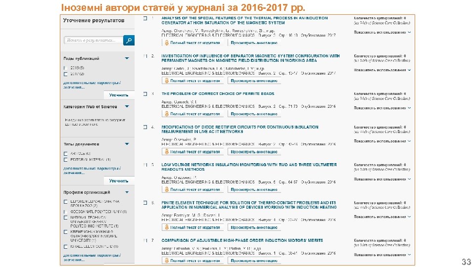 Іноземні автори статей у журналі за 2016 -2017 рр. 33 