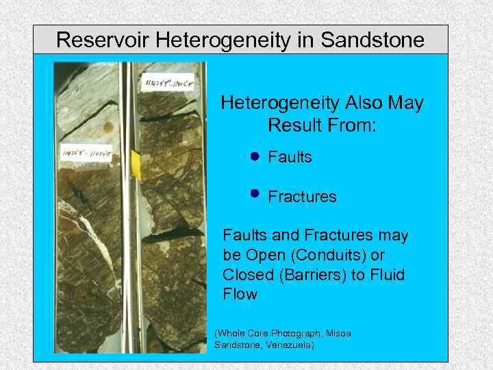 Reservoir Heterogeneity in Sandstone Heterogeneity Also May Result From: Faults Fractures Faults and Fractures